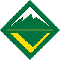green diamond shape badge with white mountain and yellow v