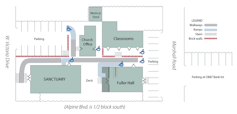 church floor plan with sanctuary, office, classrooms, fuller hall, medical shed, wheel chair access, and parking lots